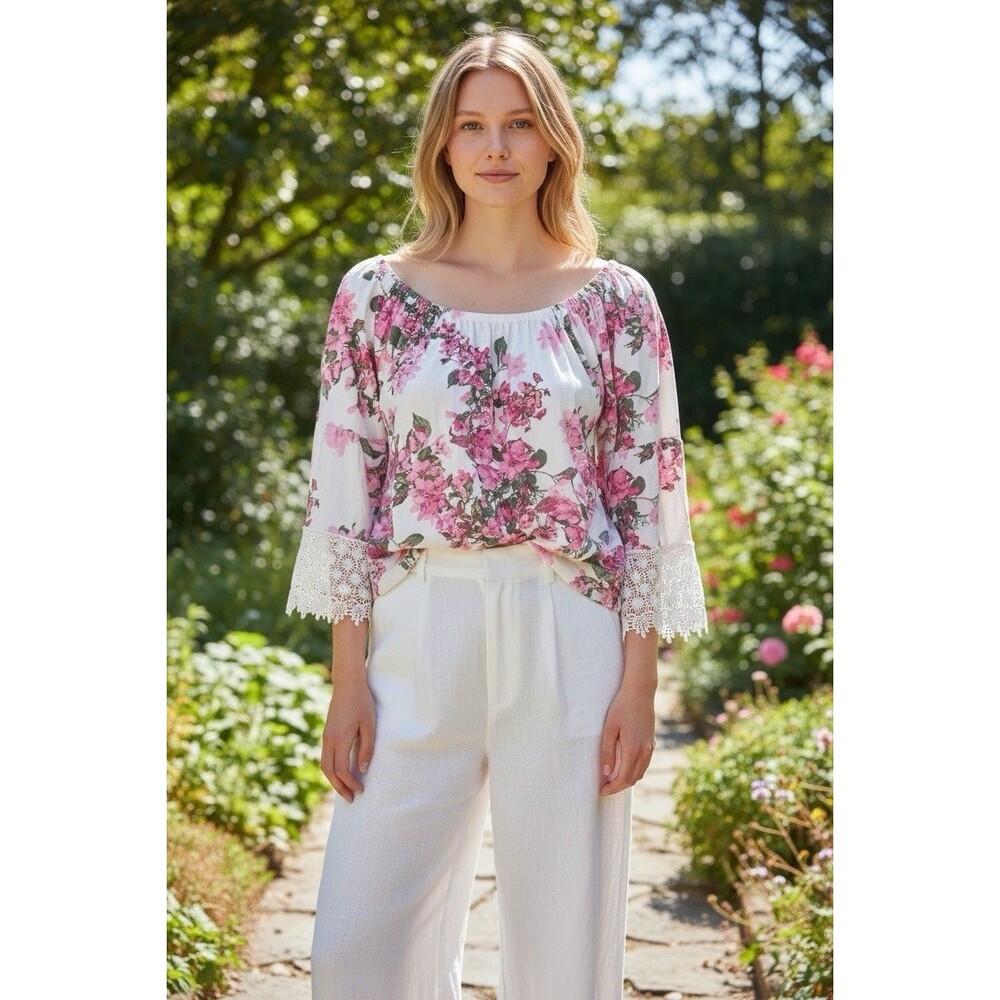 West Loop Floral Bell Lace Sleeve Tunic Top Stretch Shoulders Size Large - Picture 7 of 10